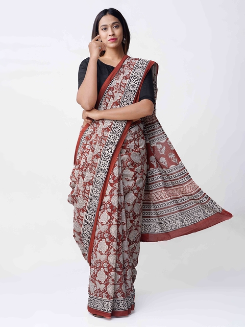Unnati Silks Red & Cream-Coloured Pure Cotton Printed Bagru Saree