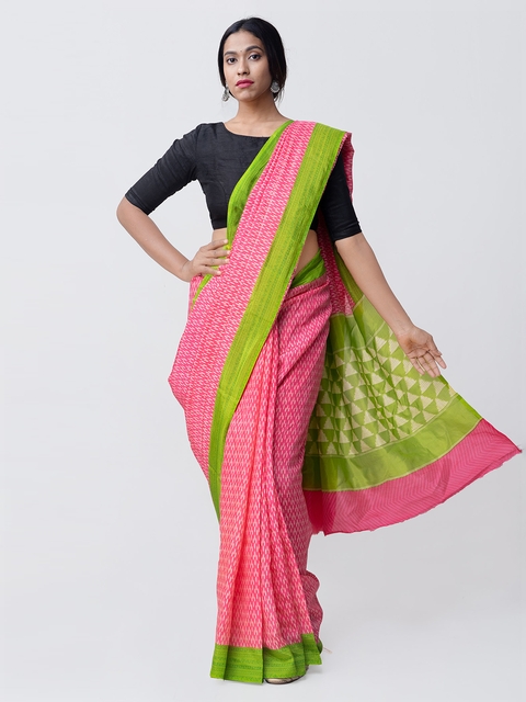 Unnati Silks Pink & Green Art Silk Printed Pochampally Saree
