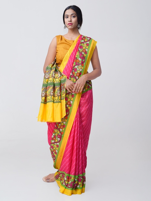 Unnati Silks Pink & Yellow Art Silk Printed Pochampally Saree