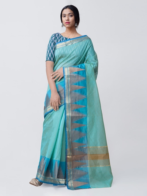Unnati Silks Sea Green & Blue Silk Cotton Solid Chettinad Saree