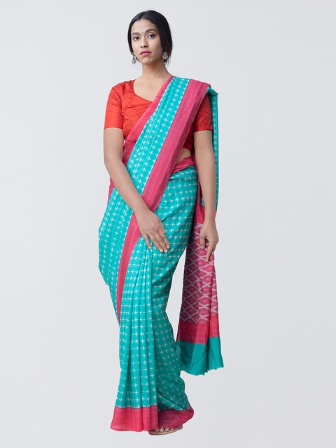 Unnati Silks Blue & Pink Art Silk Printed Pochampally Saree