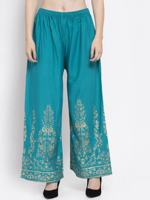 Clora Creation Women Teal Blue Printed Wide Leg Palazzos
