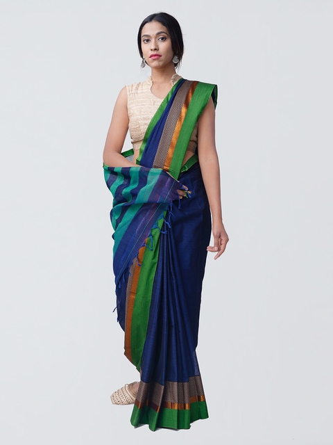 Unnati Silks Blue & Green Pure Cotton Solid Handloom Narayan Peth Saree