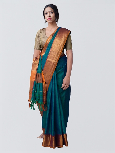 Unnati Silks Green & Orange Pure Cotton Solid Handloom Narayan Peth Saree