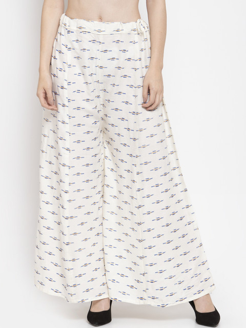 Clora Creation Women Cream-Coloured & Blue Printed Flared Palazzos