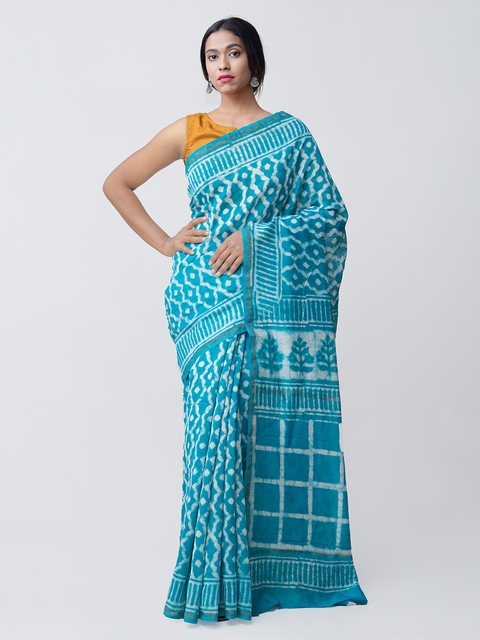 Unnati Silks Turquoise Blue Silk Cotton Printed Chanderi Saree