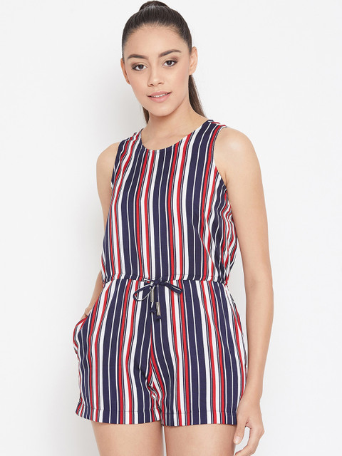 PURYS Women Navy Blue & Red Striped Playsuit