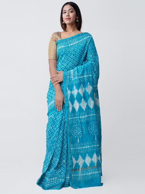 Unnati Silks Turquoise Blue & White Silk Cotton Printed Chanderi Saree
