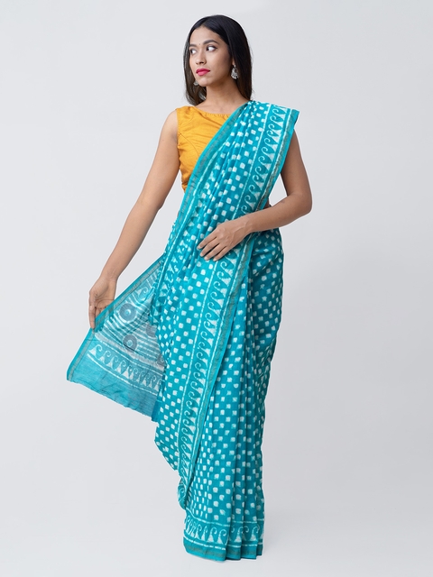 Unnati Silks Turquoise Blue Silk Cotton Printed Chanderi Saree