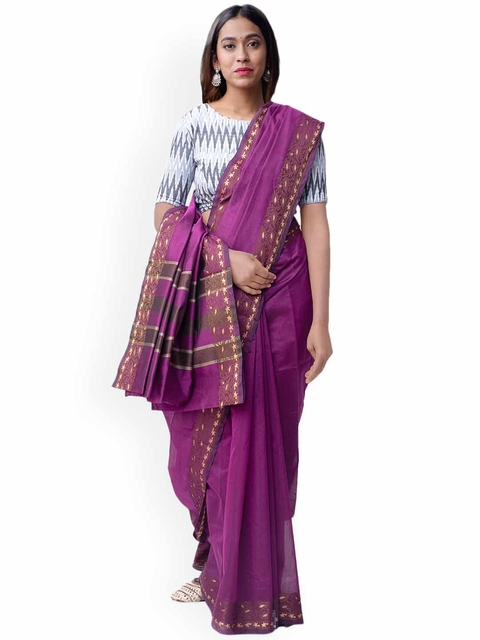 Unnati Silks Purple Solid Handcrafted Chettinad Saree