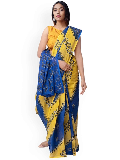 Unnati Silks Yellow & Blue Hand Block Printed Kota Saree