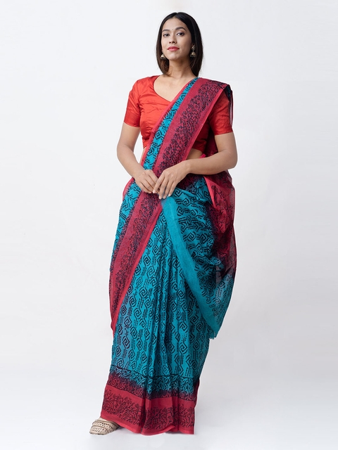 Unnati Silks Blue & Pink Pure Cotton Printed Kota Saree