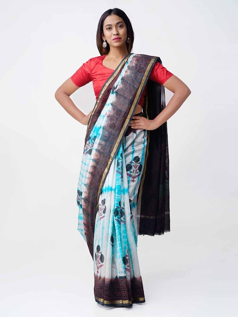 Unnati Silks White & Blue Silk Cotton Printed Chanderi Saree