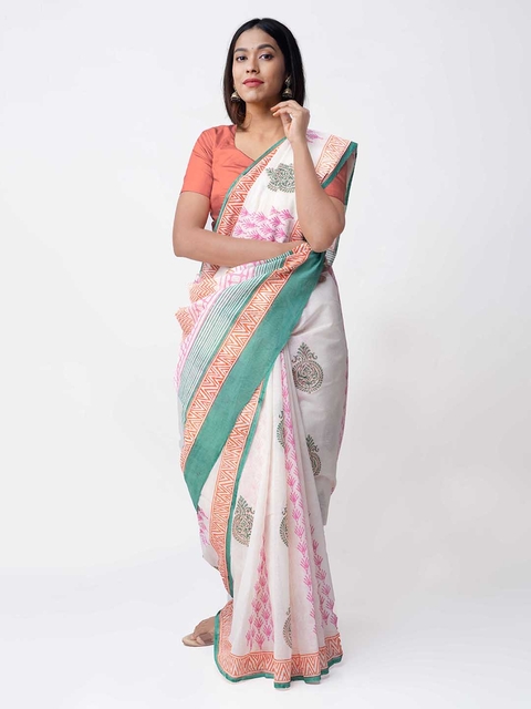 Unnati Silks Off-White & Pink Pure Cotton Printed Saree