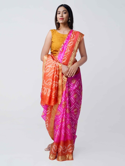 Unnati Silks Pink & Orange Pure Silk Printed Bandhani Saree