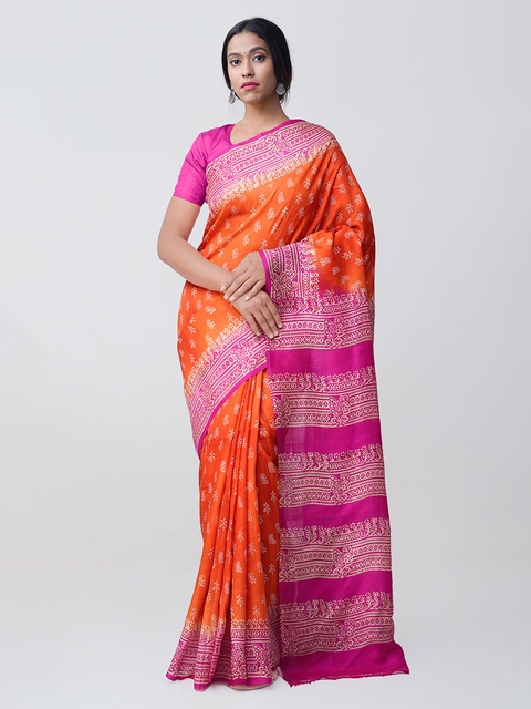 Unnati Silks Orange & Pink Pure Silk Printed Saree