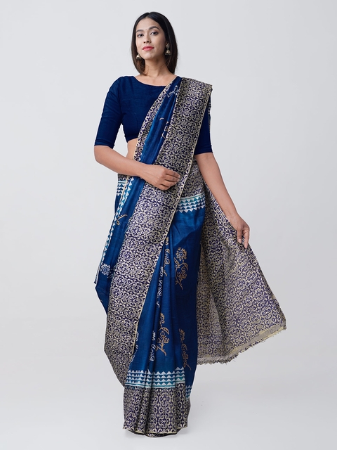 Unnati Silks Blue & Beige Pure Silk Printed Saree