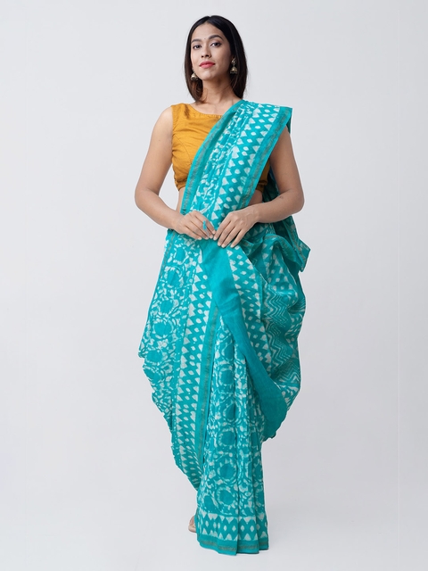Unnati Silks Turquoise Blue & White Silk Cotton Printed Chanderi Saree