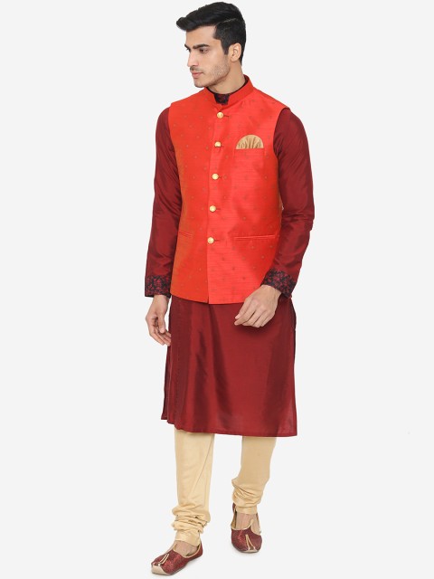 Wintage Men Orange Woven Design Satin Nehru Jacket - Image 5