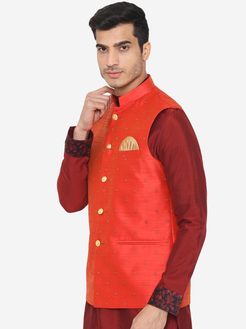 Wintage Men Orange Woven Design Satin Nehru Jacket - Image 3