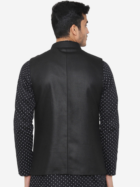 Wintage Men Black Solid Satin Nehru Jacket - Image 4