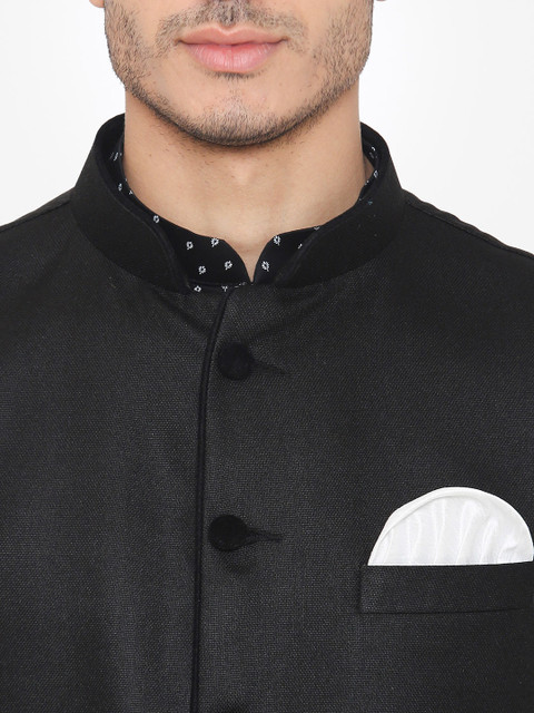 Wintage Men Black Solid Satin Nehru Jacket - Image 2