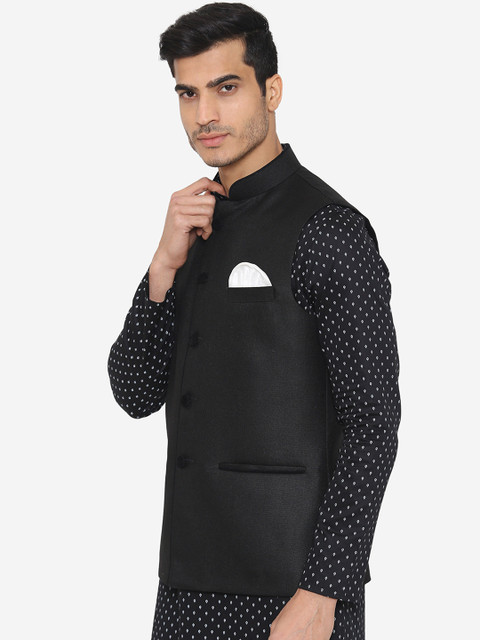 Wintage Men Black Solid Satin Nehru Jacket - Image 3