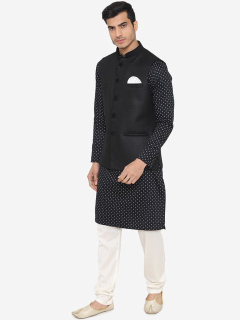 Wintage Men Black Solid Satin Nehru Jacket - Image 5