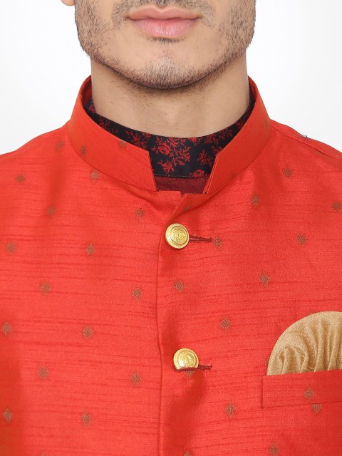 Wintage Men Orange Woven Design Satin Nehru Jacket - Image 2