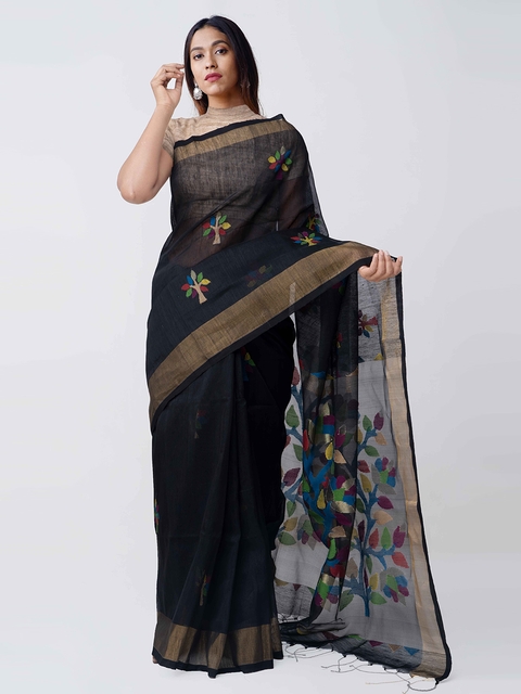 Unnati Silks Black Silk Cotton Woven Design Handloom Bengal Sico Dhakai Jamdani...