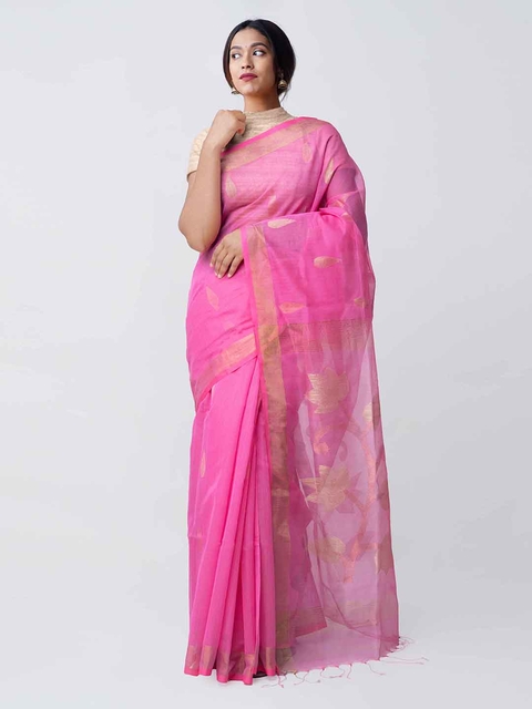 Unnati Silks Pink Silk Cotton Woven Design Handloom Bengal Sico Dhakai Jamdani...