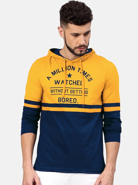 Maniac Men Yellow & Navy Printed Hooded T-shirt