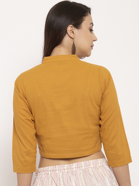 Ayaany Women Mustard Yellow Solid Crop Pure Cotton Top - Image 4