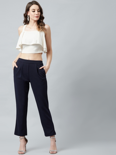 Athena Women Navy Blue Slim Fit Solid Cigarette Trousers - Image 5