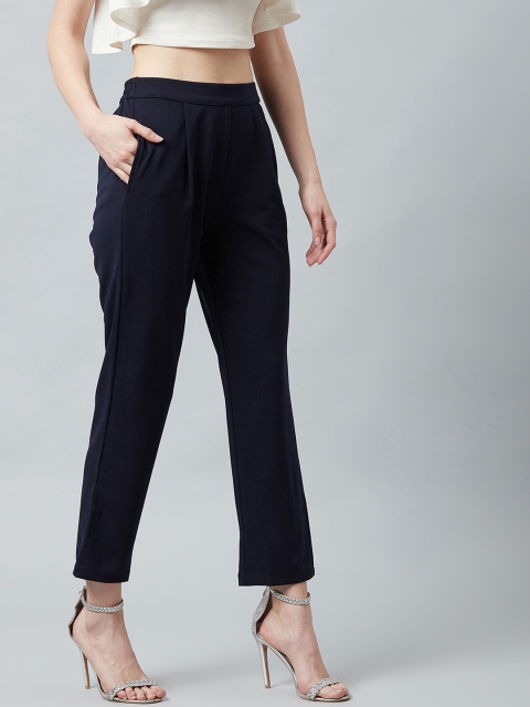 Athena Women Navy Blue Slim Fit Solid Cigarette Trousers - Image 2