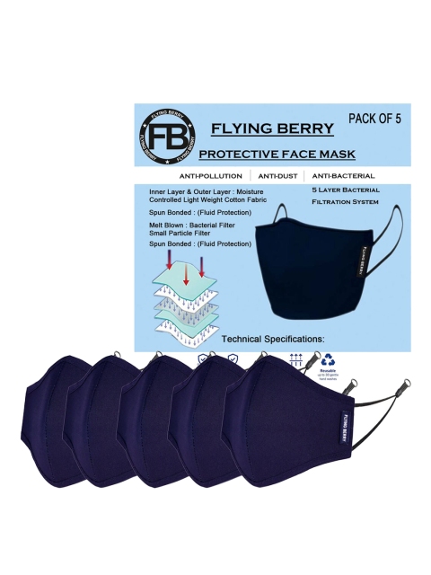 FLYING BERRY Adults Pack Of 5 Blue Solid 3-Layer Reusable Adjustable Masks - Image 5