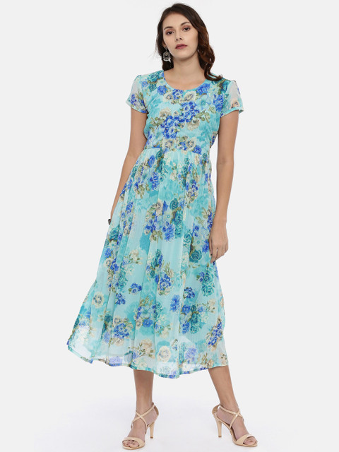 Souchii Women Sea Green & Blue Floral Printed A-Line Dress