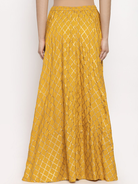 Clora Creation Mustard Yellow Checked Flared Maxi Skirt - Image 3