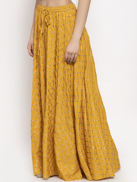 Clora Creation Mustard Yellow Checked Flared Maxi Skirt - Image 2