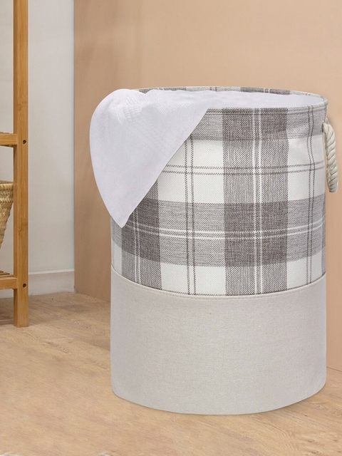 HomeStorie Grey & White Self-Design Round Foldable Cloth Laundry Basket