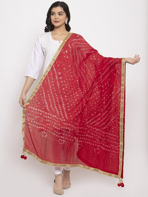 Clora Creation Red Bandhani Gotta Patti Silk Dupatta