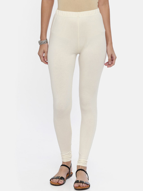 Souchii Women Off-White Solid Slim-Fit Churidar-Length Leggings