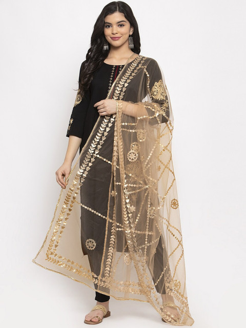 Clora Creation Beige Embroidered Gotta Patti Net Dupatta
