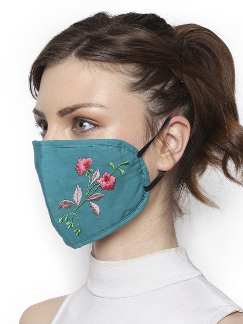 Anekaant Women Pack of 2 Pcs Teal Blue Embroidered Reusable 3-Ply Protective Outdoor Masks - Image 6