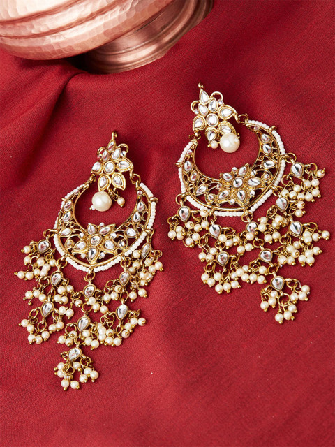Fida Gold-Toned & White Crescent Shaped Drop Earrings