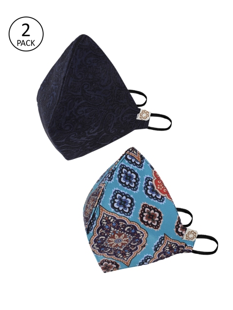 VASTRAMAY Unisex Pack of 2 Pcs Blue Reusable 4-Ply Cloth Masks With Potli Bag