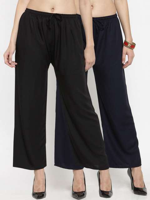 Clora Creation Women Pack Of 2 Black & Navy Blue Solid Straight Palazzos