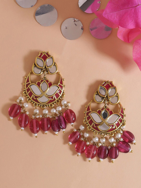 Voylla Gold-Plated & Magenta Classic Drop Earrings