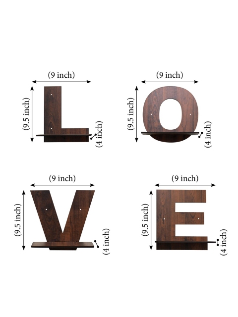 RANDOM Coffee Brown L-O-V-E Set of 4 MDF Basic Wall Shelf - Image 4
