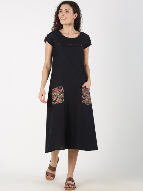 Saffron Threads Kalamkari Front Pocket A-Line Midi Dress